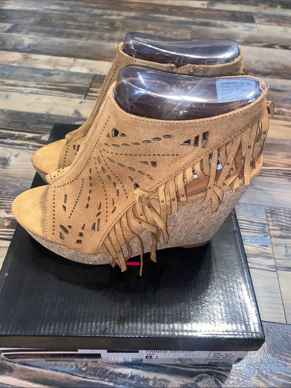 Not Rated Tan Suede Fringe Delight Laser-Cut Cork Wedge Sandals